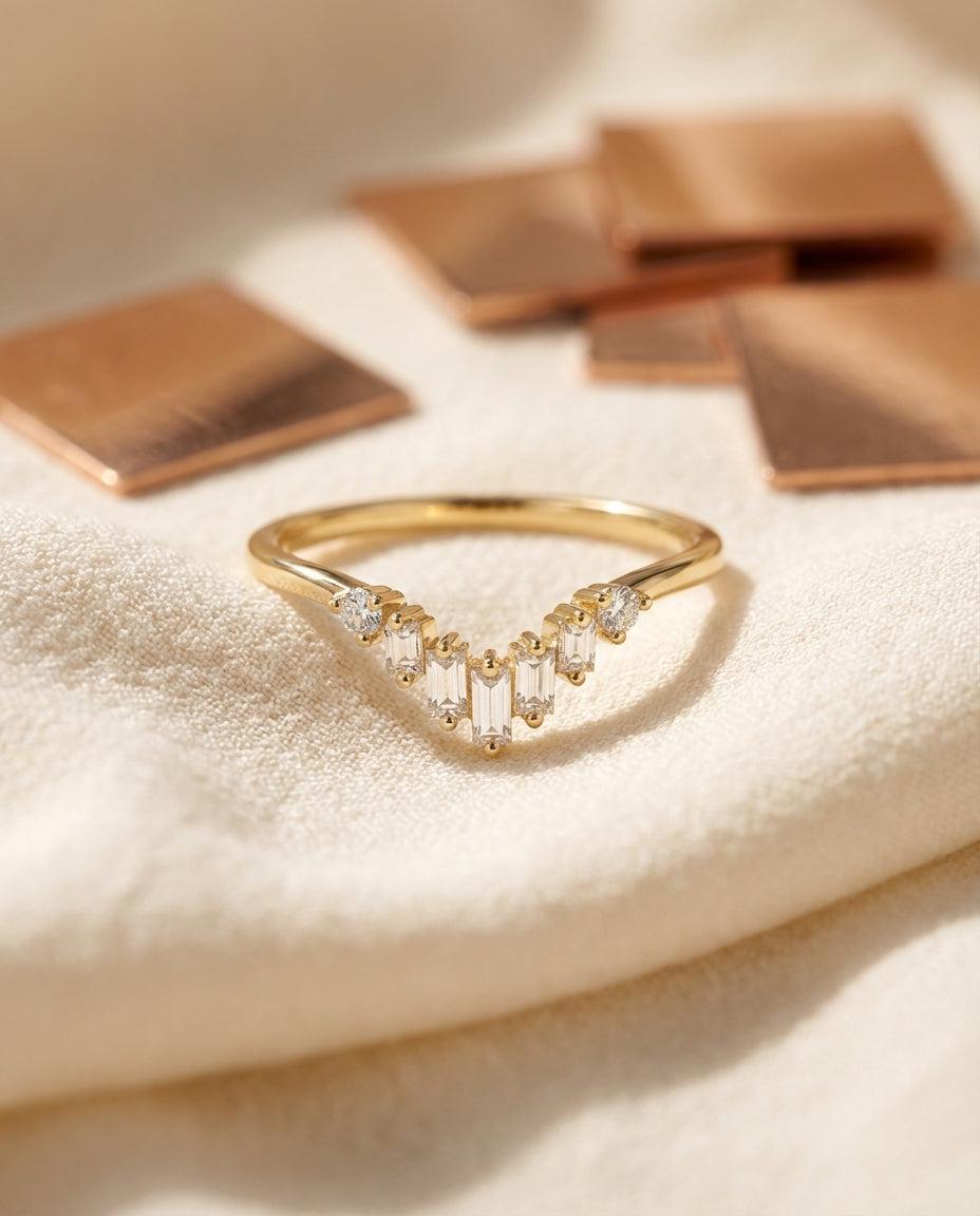 Chevron Moissanite Wedding Band, Vintage Chevron Stacking Ring, Baguette & Round Moissanite Ring for Women