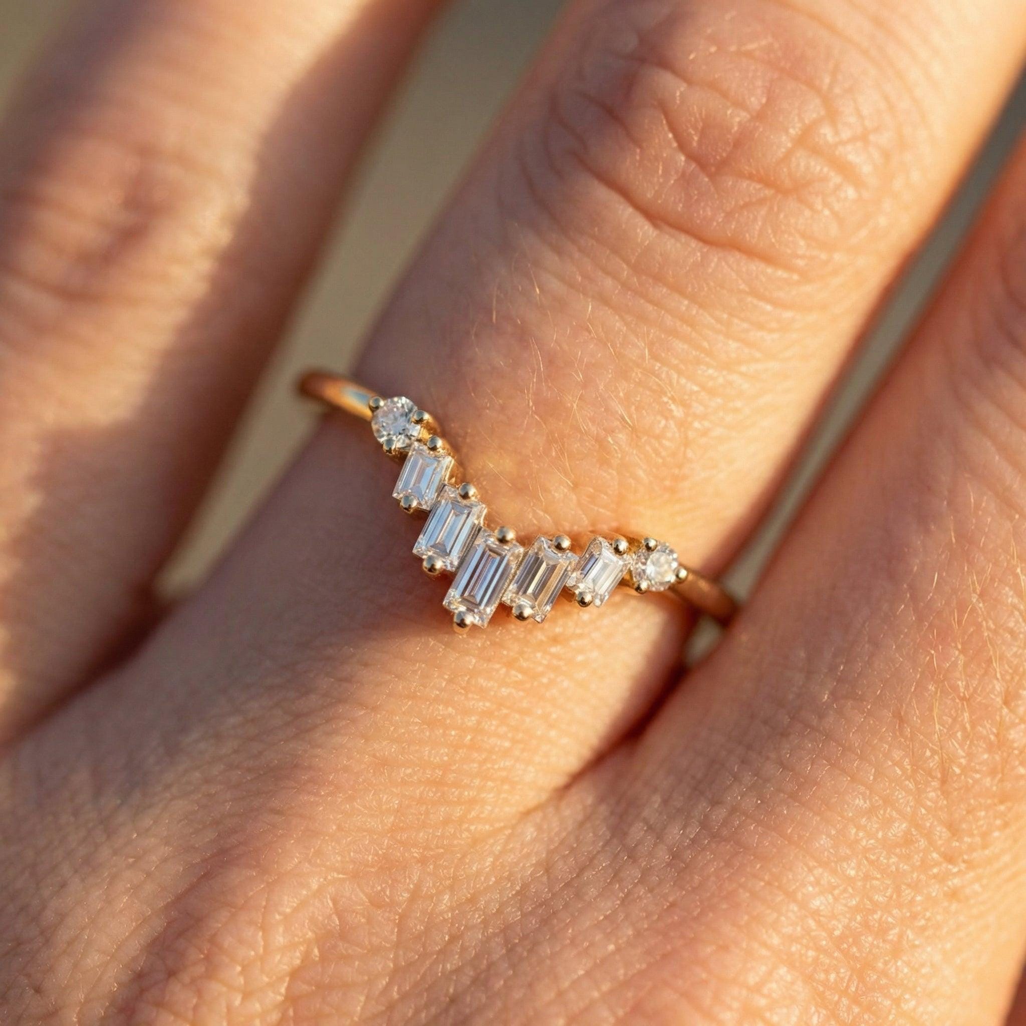 Chevron Moissanite Wedding Band, Vintage Chevron Stacking Ring, Baguette & Round Moissanite Ring for Women