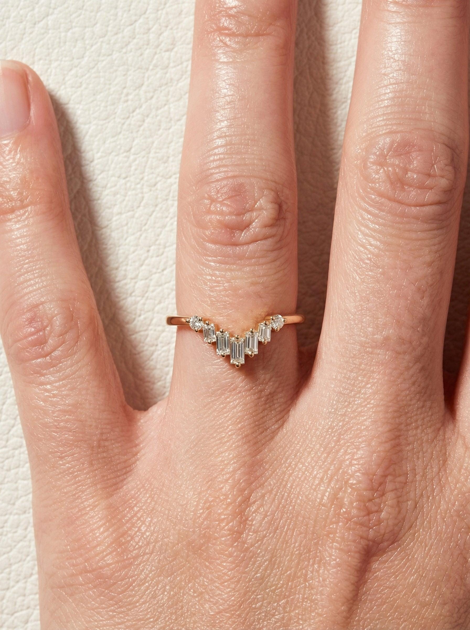 Chevron Moissanite Wedding Band, Vintage Chevron Stacking Ring, Baguette & Round Moissanite Ring for Women