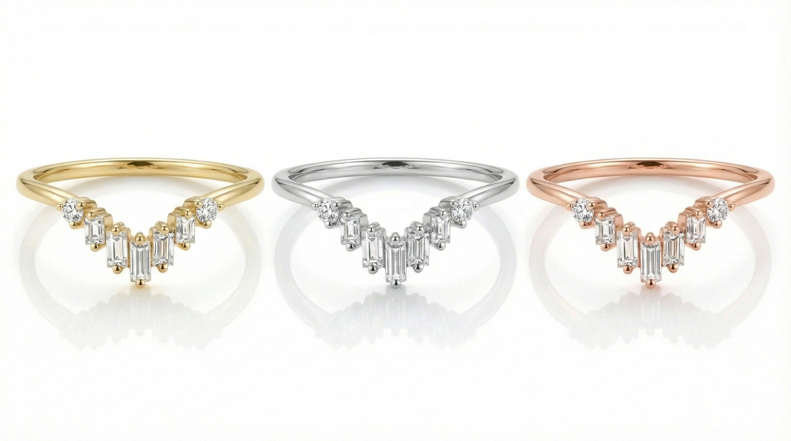 Chevron Moissanite Wedding Band, Vintage Chevron Stacking Ring, Baguette & Round Moissanite Ring for Women