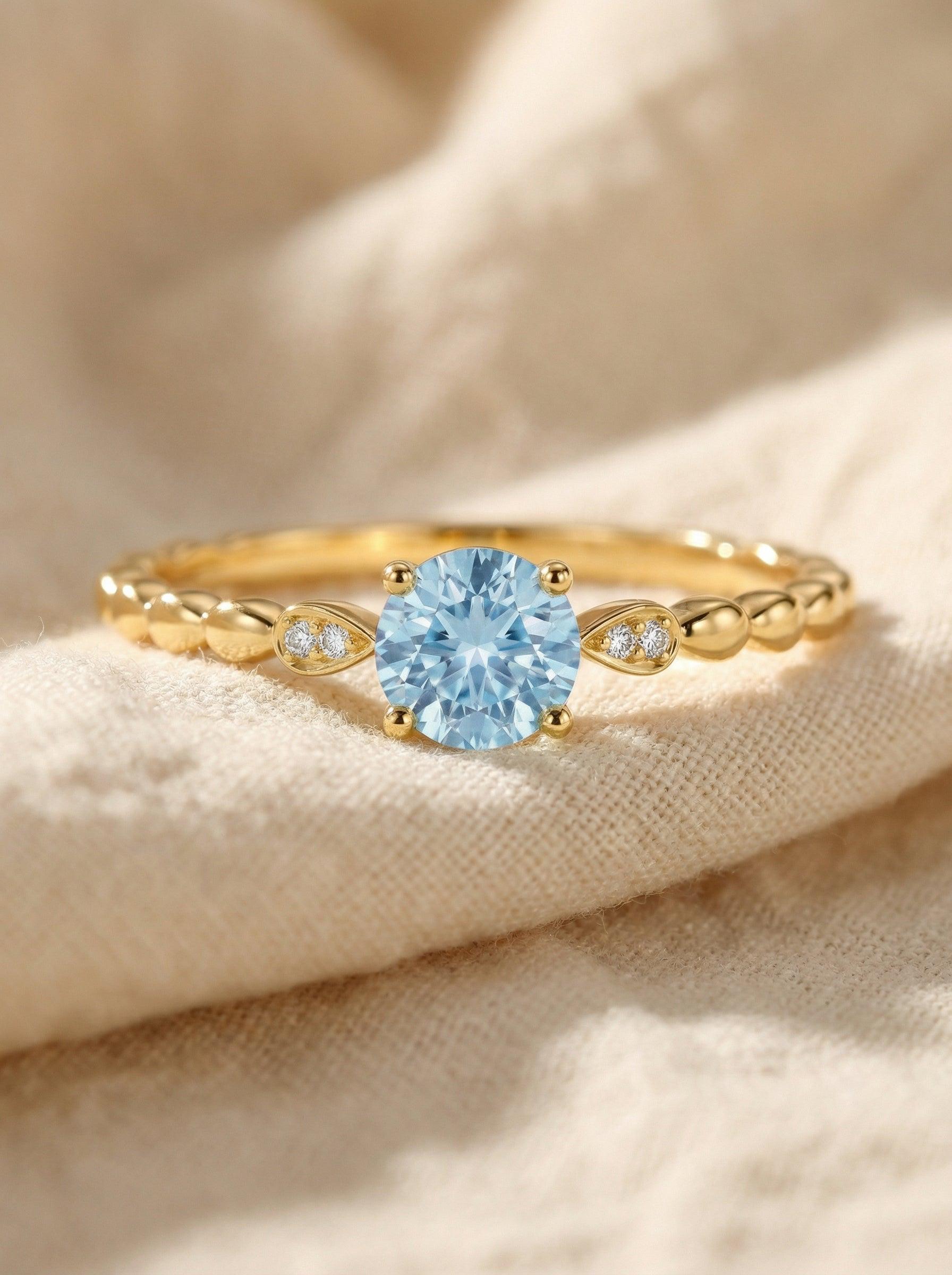 Antique Aquamarine Engagement Ring, March Birthstone Solitaire Ring, Dainty Diamond Accent Bridal Promise Ring for Her