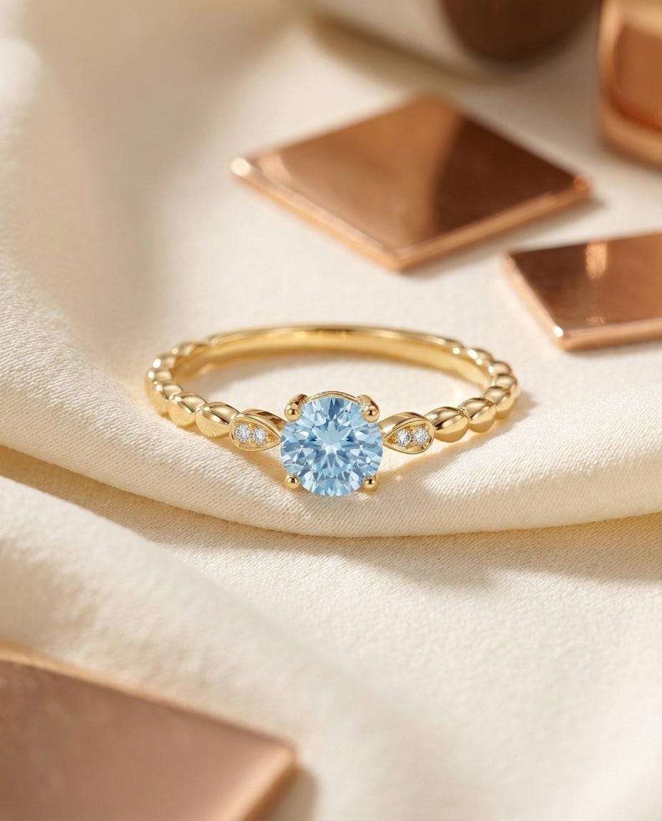 Antique Aquamarine Engagement Ring, March Birthstone Solitaire Ring, Dainty Diamond Accent Bridal Promise Ring for Her