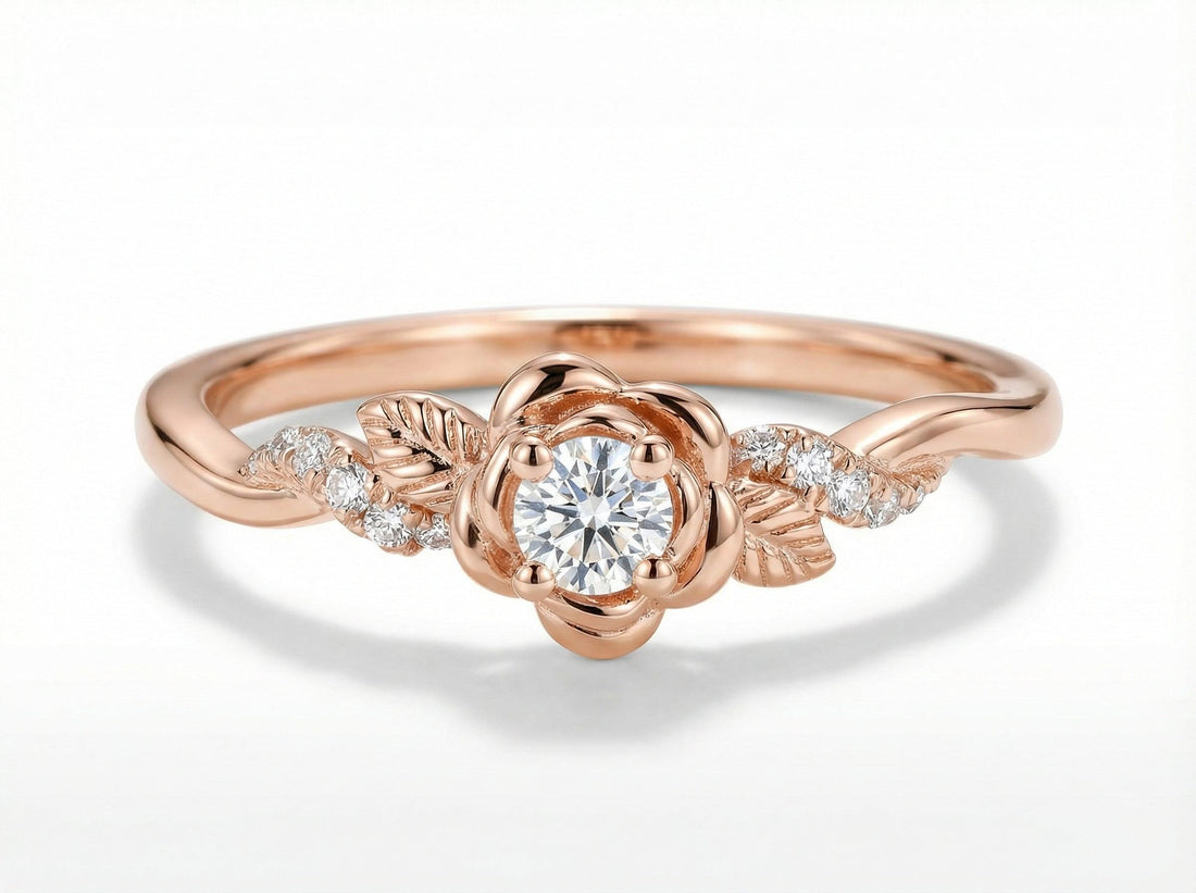 Flower Moissanite Engagement Ring, Floral Twist Promising Ring for Women, Nature Inspired Leaf Wedding Ring