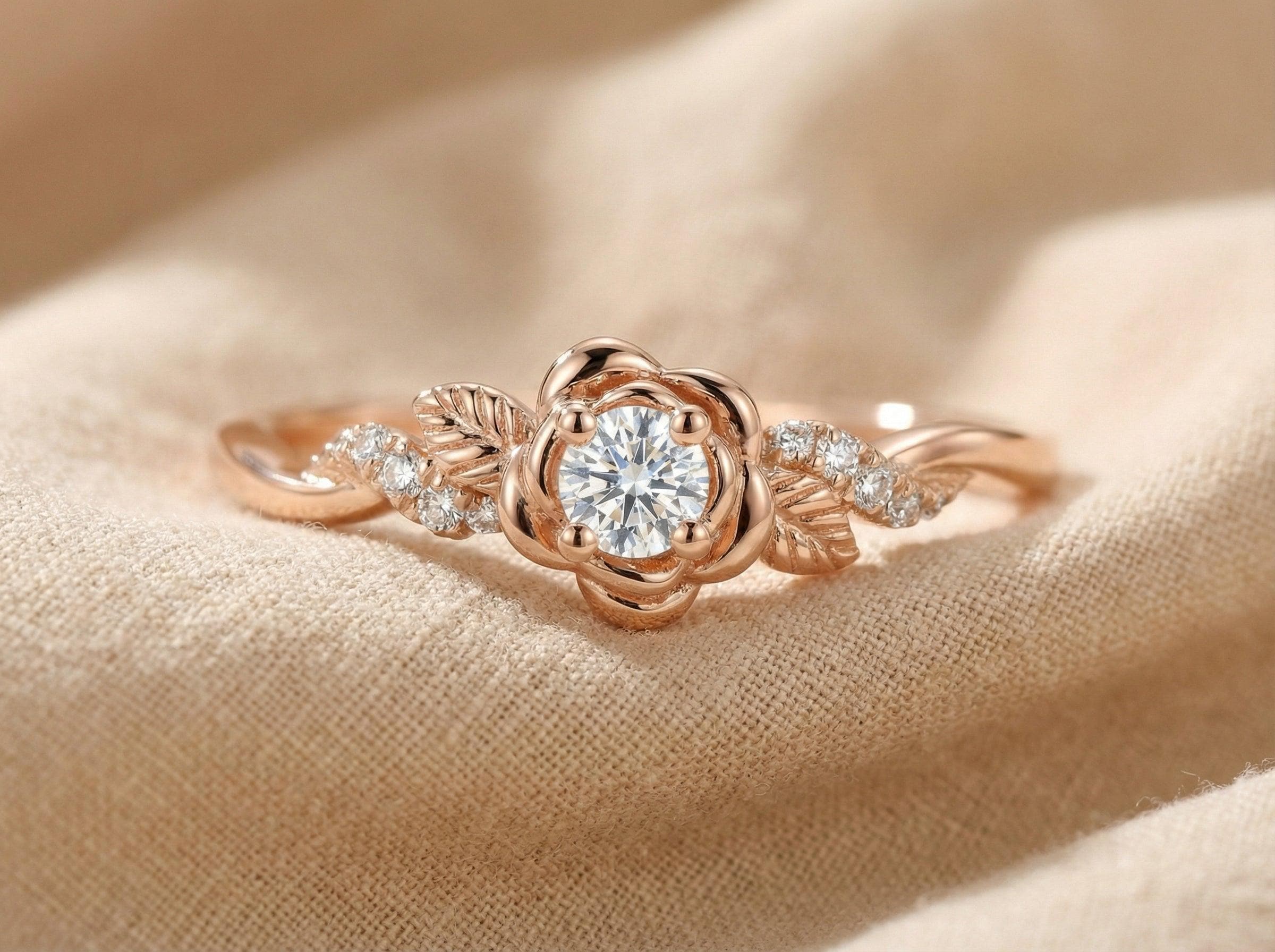 Flower Moissanite Engagement Ring, Floral Twist Promising Ring for Women, Nature Inspired Leaf Wedding Ring