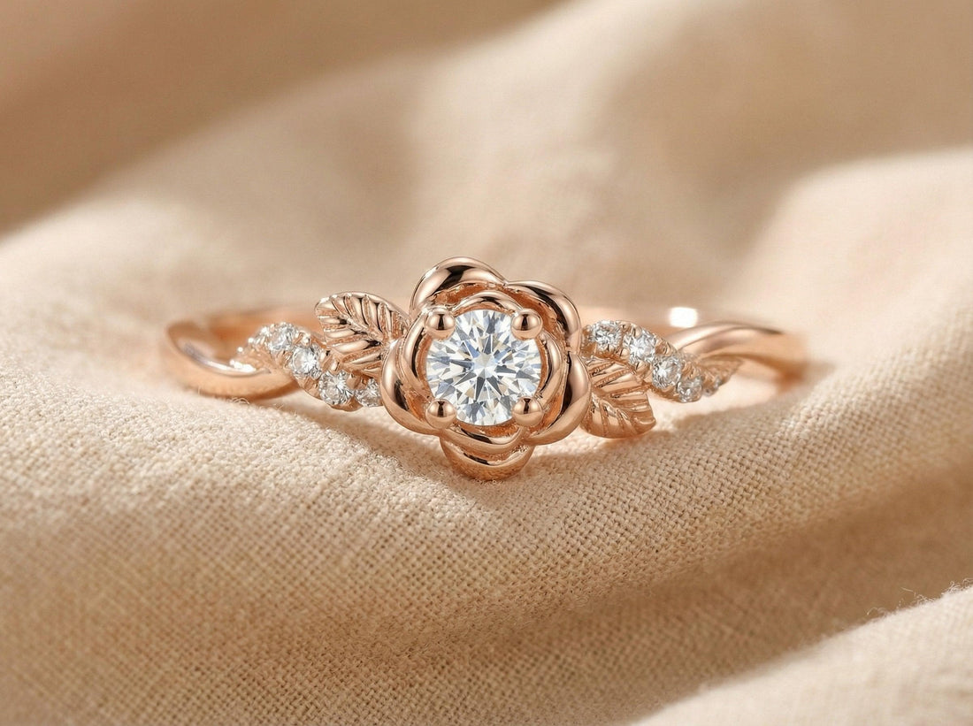Flower Moissanite Engagement Ring, Floral Twist Promising Ring for Women, Nature Inspired Leaf Wedding Ring