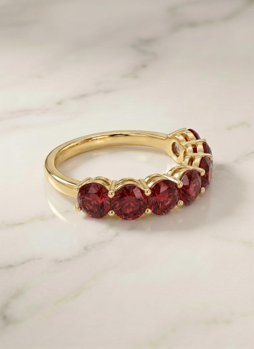 3.5 CTW Red Garnet Wedding Band, 5mm Seven Stone Anniversary Ring, January Birthstone Jewelry Gift