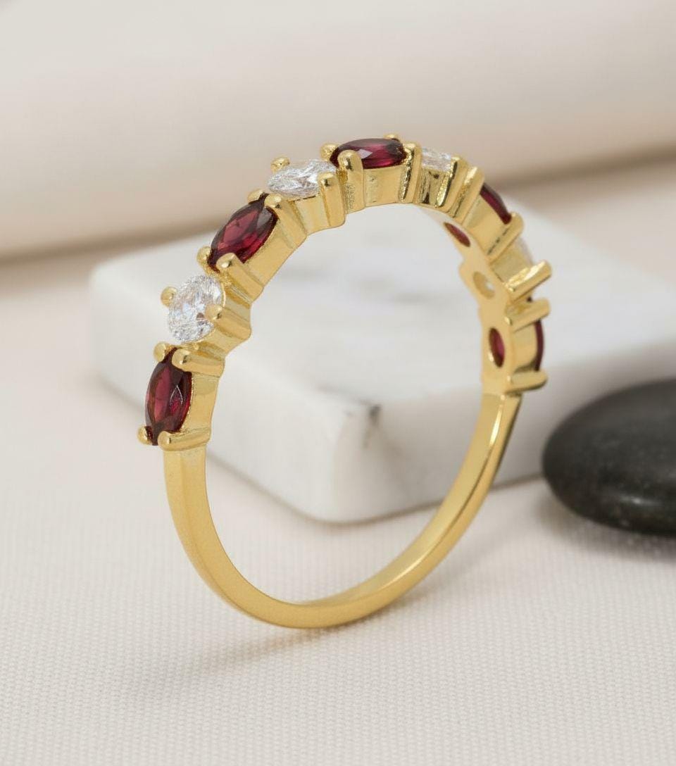 Red Garnet Marquise Wedding Ring, January Birthstone Ring, 18K Gold Half Eternity Wedding Band, Red Gemstone Band Gift for Her