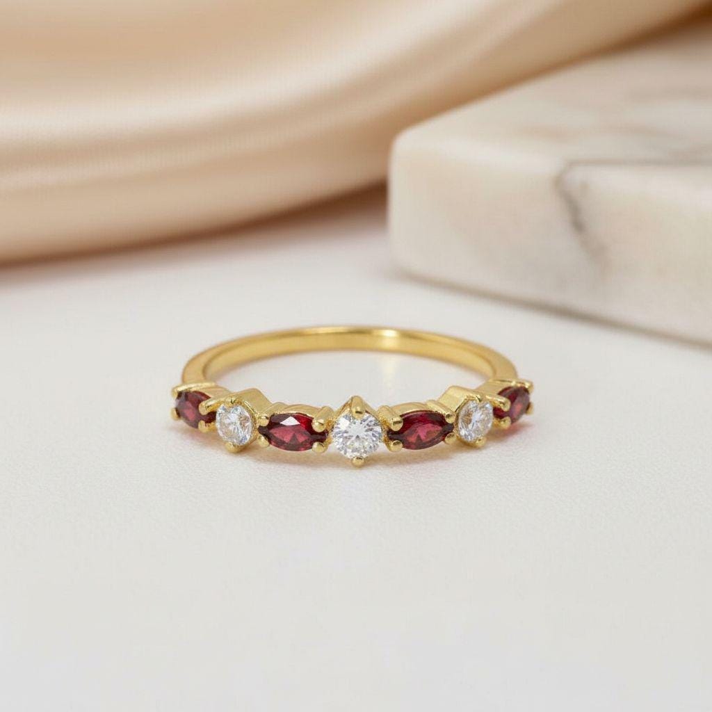 Red Garnet Marquise Wedding Ring, January Birthstone Ring, 18K Gold Half Eternity Wedding Band, Red Gemstone Band Gift for Her