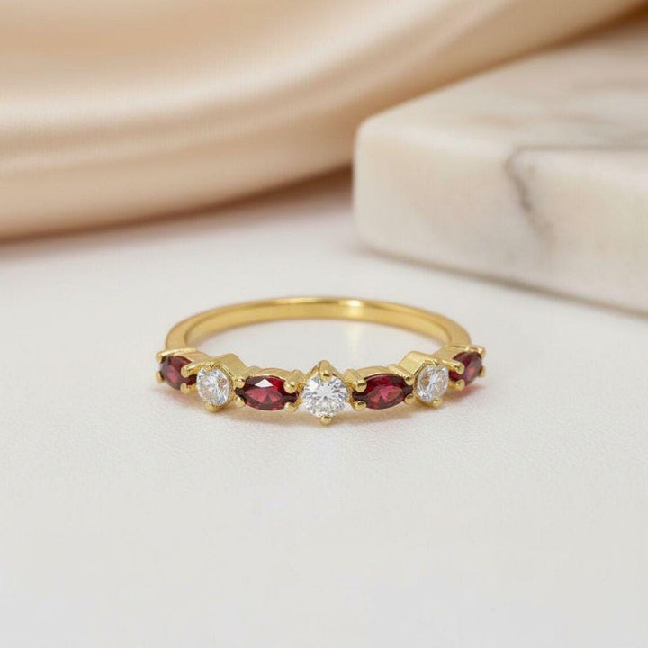 Red Garnet Marquise Wedding Ring, January Birthstone Ring, 18K Gold Half Eternity Wedding Band, Red Gemstone Band Gift for Her