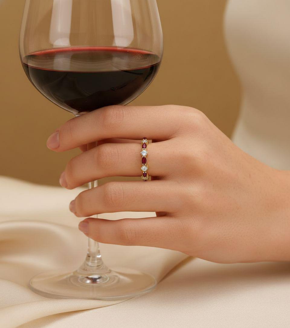 Red Garnet Marquise Wedding Ring, January Birthstone Ring, 18K Gold Half Eternity Wedding Band, Red Gemstone Band Gift for Her