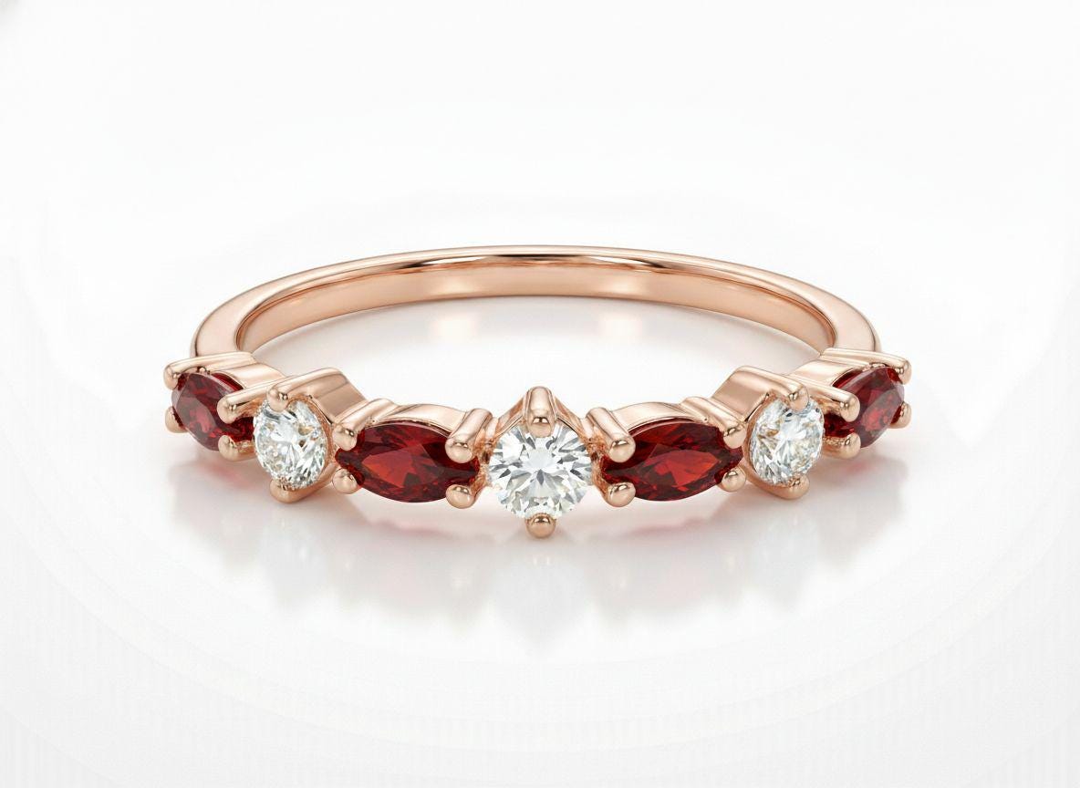 Red Garnet Marquise Wedding Ring, January Birthstone Ring, 18K Gold Half Eternity Wedding Band, Red Gemstone Band Gift for Her