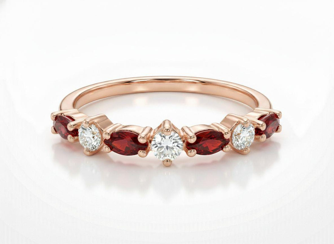 Red Garnet Marquise Wedding Ring, January Birthstone Ring, 18K Gold Half Eternity Wedding Band, Red Gemstone Band Gift for Her