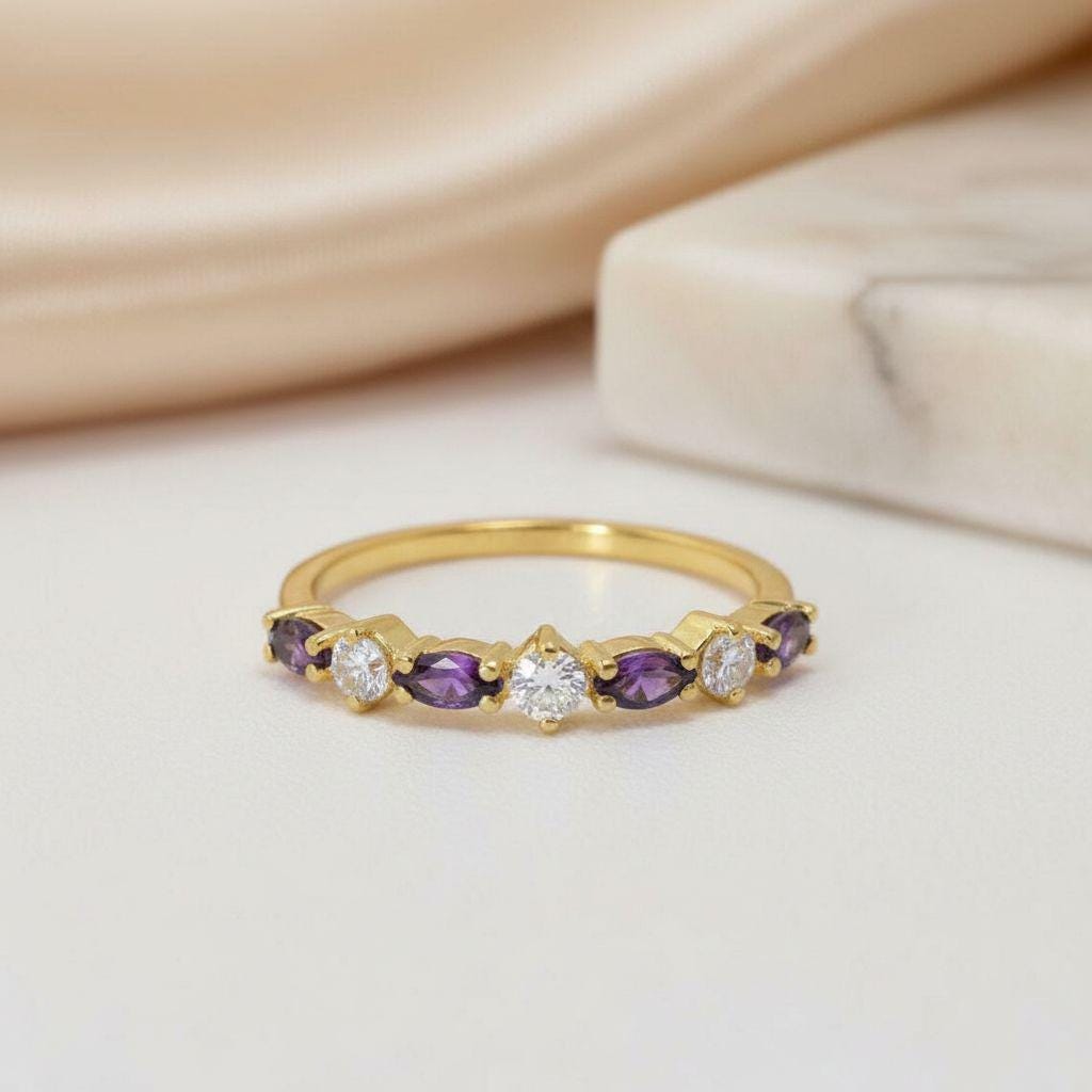 Amethyst Wedding Band Vintage Style Alternating Marquise and Round Ring Art Deco Purple Gemstone Stacking Band February Birthstone