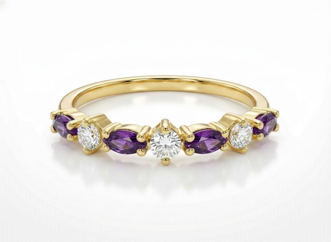 Amethyst Wedding Band Vintage Style Alternating Marquise and Round Ring Art Deco Purple Gemstone Stacking Band February Birthstone
