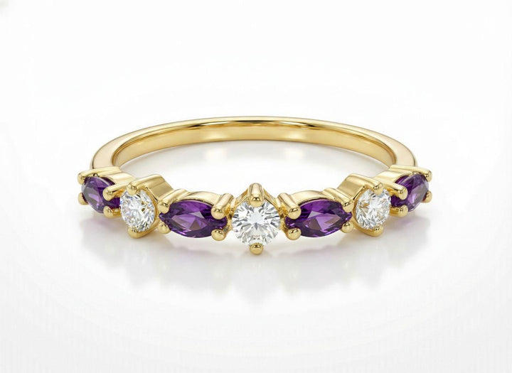 Amethyst Wedding Band Vintage Style Alternating Marquise and Round Ring Art Deco Purple Gemstone Stacking Band February Birthstone