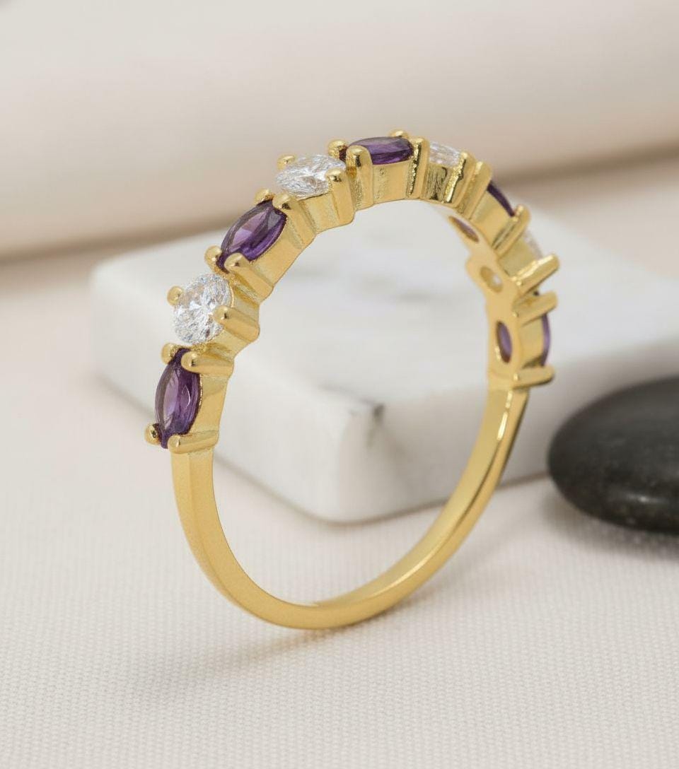 Amethyst Wedding Band Vintage Style Alternating Marquise and Round Ring Art Deco Purple Gemstone Stacking Band February Birthstone