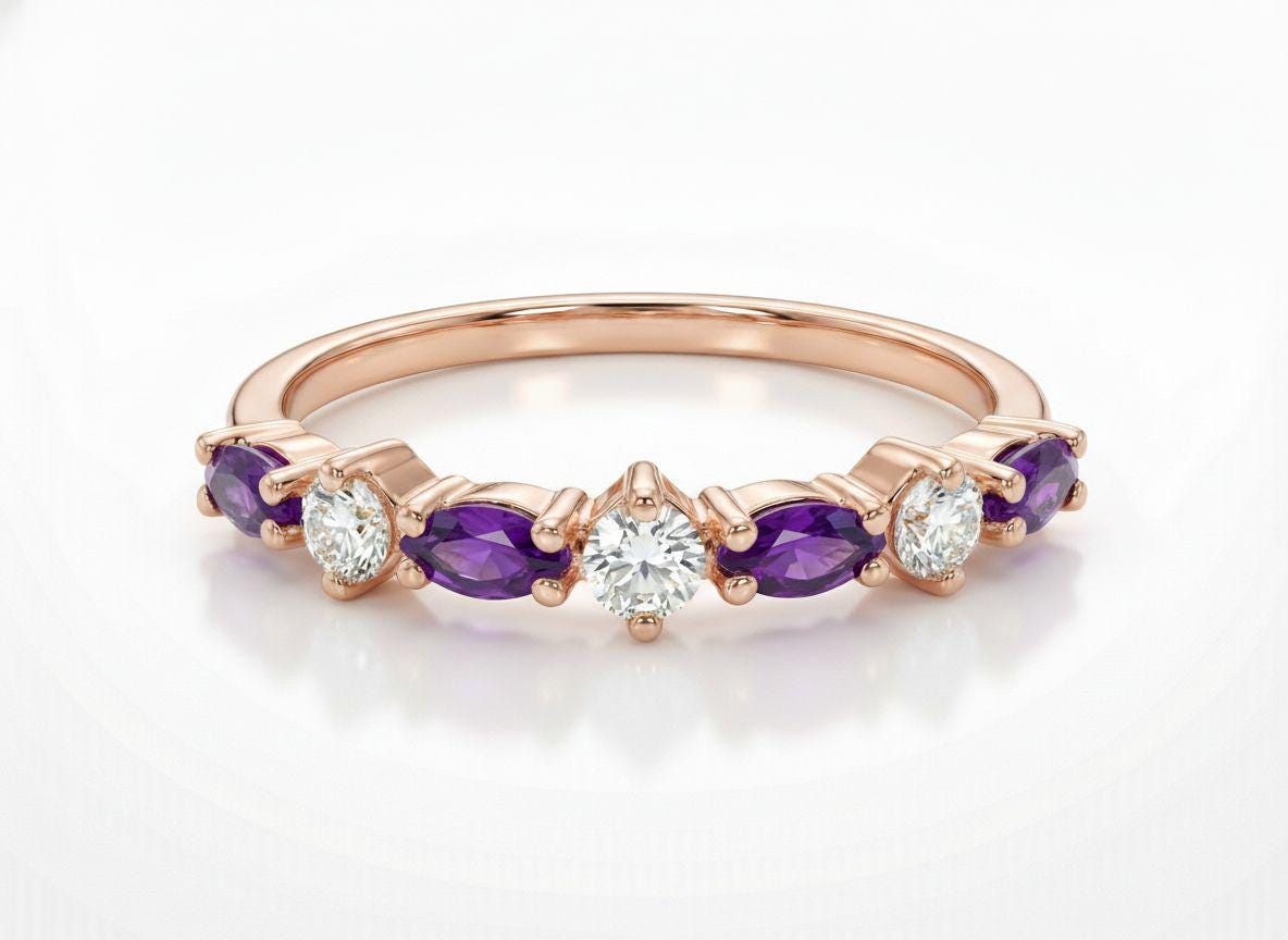Amethyst Wedding Band Vintage Style Alternating Marquise and Round Ring Art Deco Purple Gemstone Stacking Band February Birthstone