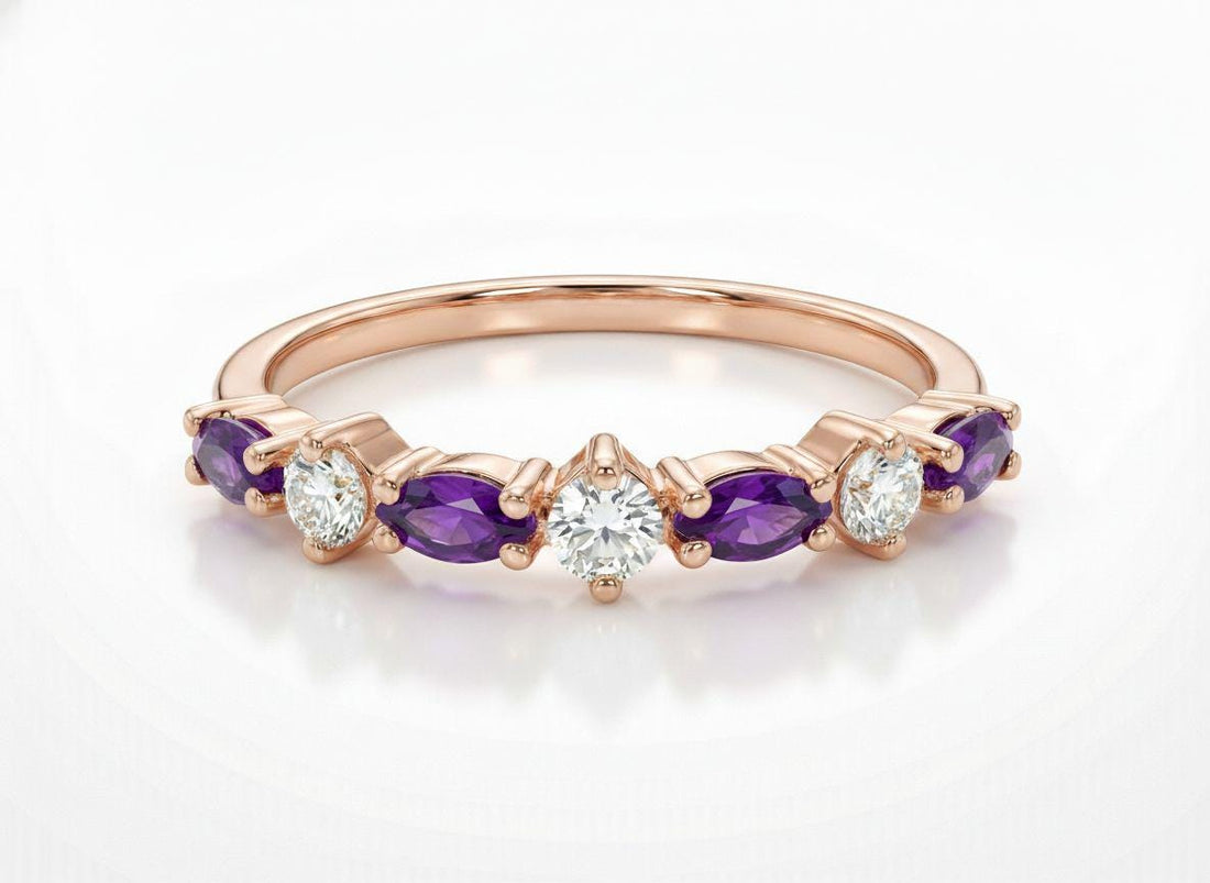 Amethyst Wedding Band Vintage Style Alternating Marquise and Round Ring Art Deco Purple Gemstone Stacking Band February Birthstone