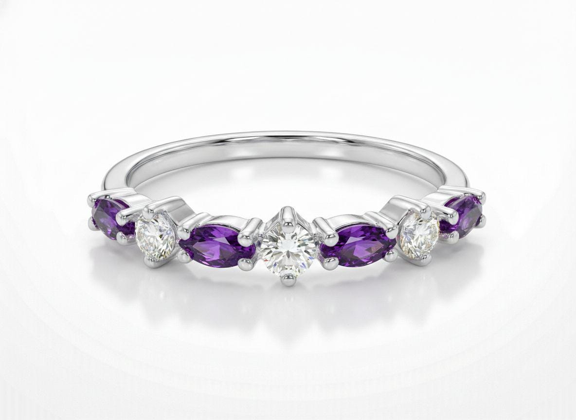 Amethyst Wedding Band Vintage Style Alternating Marquise and Round Ring Art Deco Purple Gemstone Stacking Band February Birthstone
