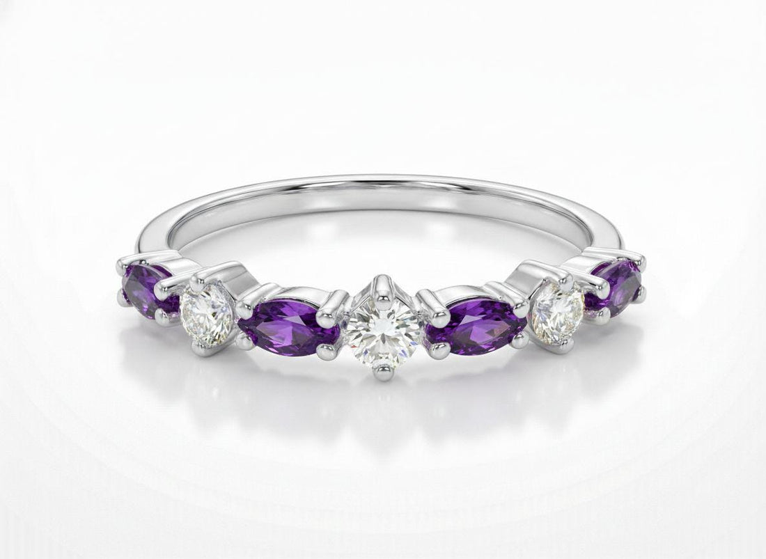 Amethyst Wedding Band Vintage Style Alternating Marquise and Round Ring Art Deco Purple Gemstone Stacking Band February Birthstone
