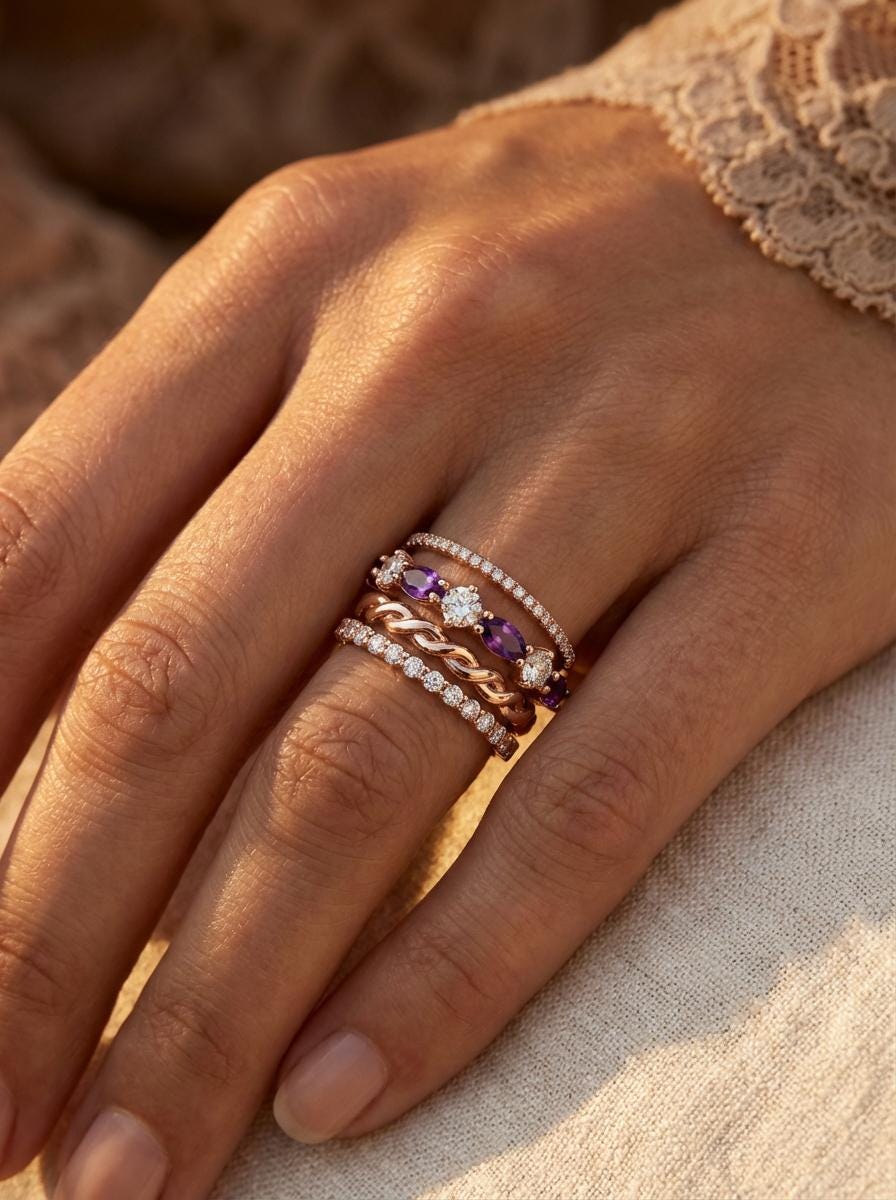 Amethyst Wedding Band Vintage Style Alternating Marquise and Round Ring Art Deco Purple Gemstone Stacking Band February Birthstone