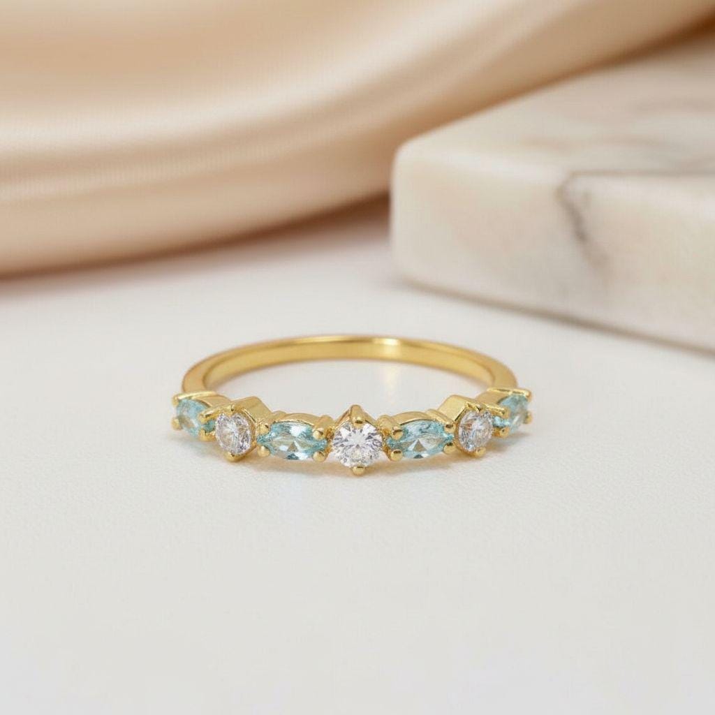 Aquamarine Wedding Band Art Deco Marquise Ring Light Blue March Birthstone Anniversary Ring Alternating Stone Stacking Band Custom Jewelry