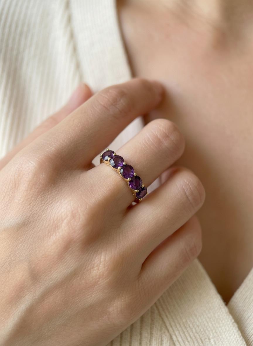 3.50 CTW Amethyst Wedding Band, 5mm Round 7 Stone Ring, February Birthstone Half Eternity Band, Purple Anniversary Ring