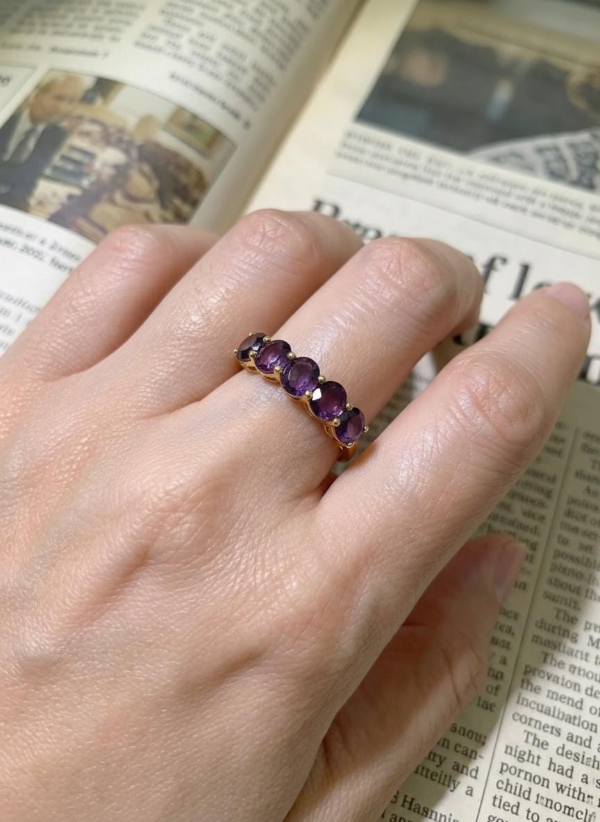 3.50 CTW Amethyst Wedding Band, 5mm Round 7 Stone Ring, February Birthstone Half Eternity Band, Purple Anniversary Ring