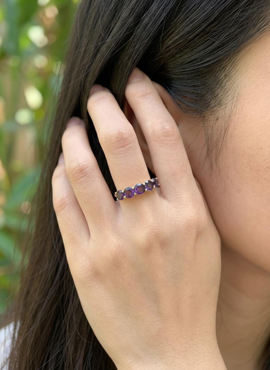 3.50 CTW Amethyst Wedding Band, 5mm Round 7 Stone Ring, February Birthstone Half Eternity Band, Purple Anniversary Ring