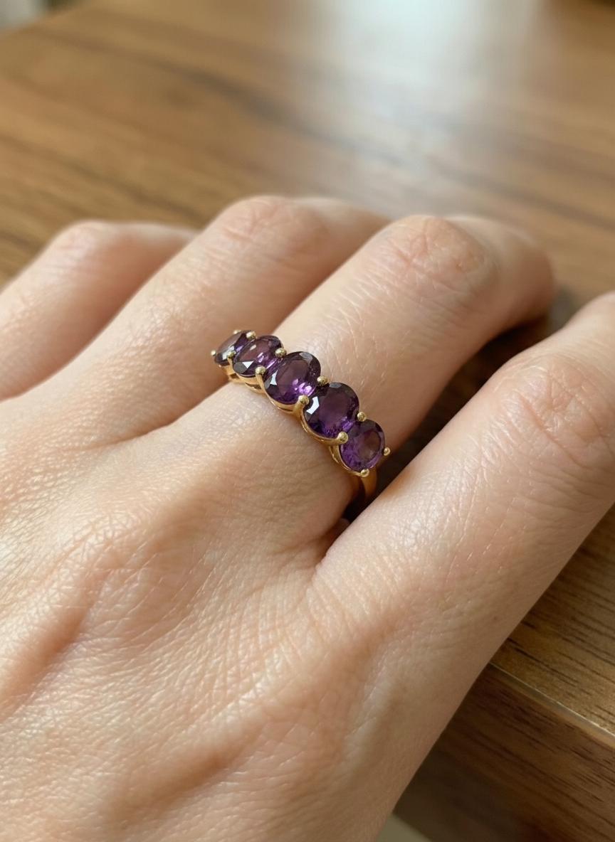 3.50 CTW Amethyst Wedding Band, 5mm Round 7 Stone Ring, February Birthstone Half Eternity Band, Purple Anniversary Ring