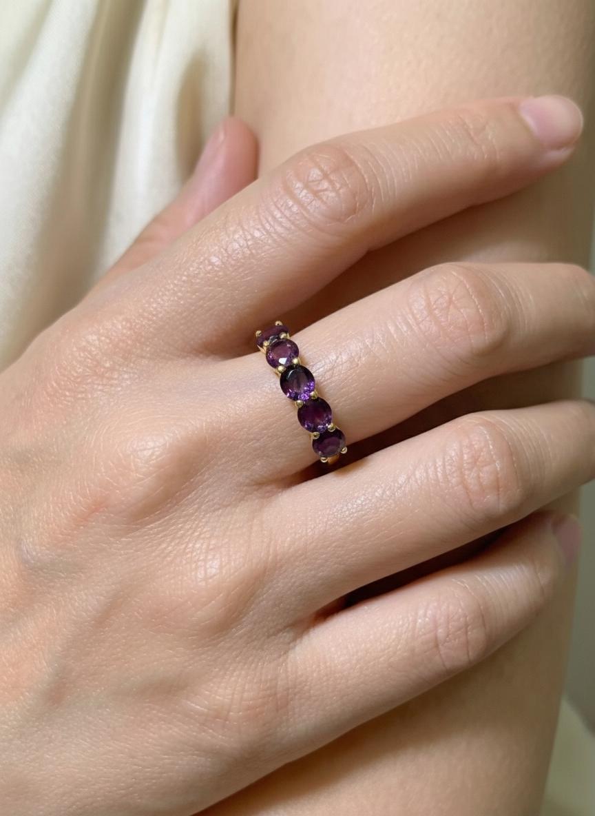 3.50 CTW Amethyst Wedding Band, 5mm Round 7 Stone Ring, February Birthstone Half Eternity Band, Purple Anniversary Ring