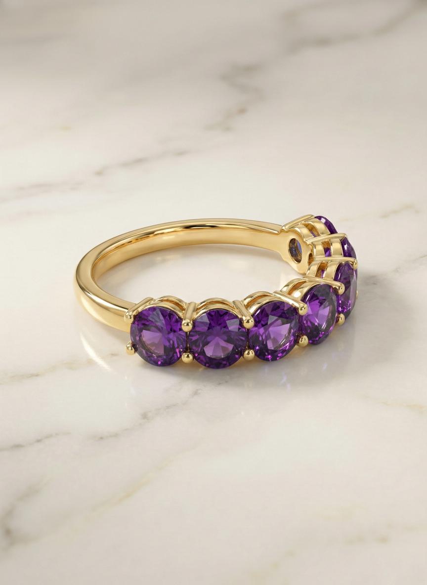 3.50 CTW Amethyst Wedding Band, 5mm Round 7 Stone Ring, February Birthstone Half Eternity Band, Purple Anniversary Ring