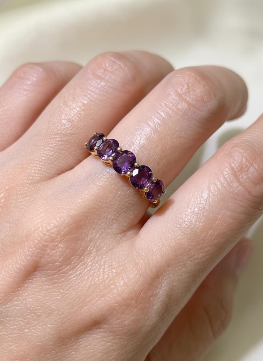 3.50 CTW Amethyst Wedding Band, 5mm Round 7 Stone Ring, February Birthstone Half Eternity Band, Purple Anniversary Ring