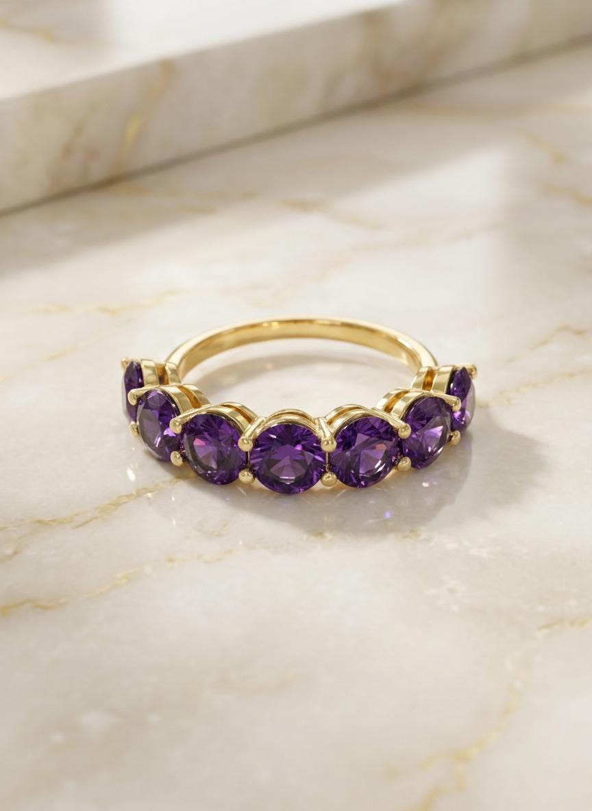 3.50 CTW Amethyst Wedding Band, 5mm Round 7 Stone Ring, February Birthstone Half Eternity Band, Purple Anniversary Ring