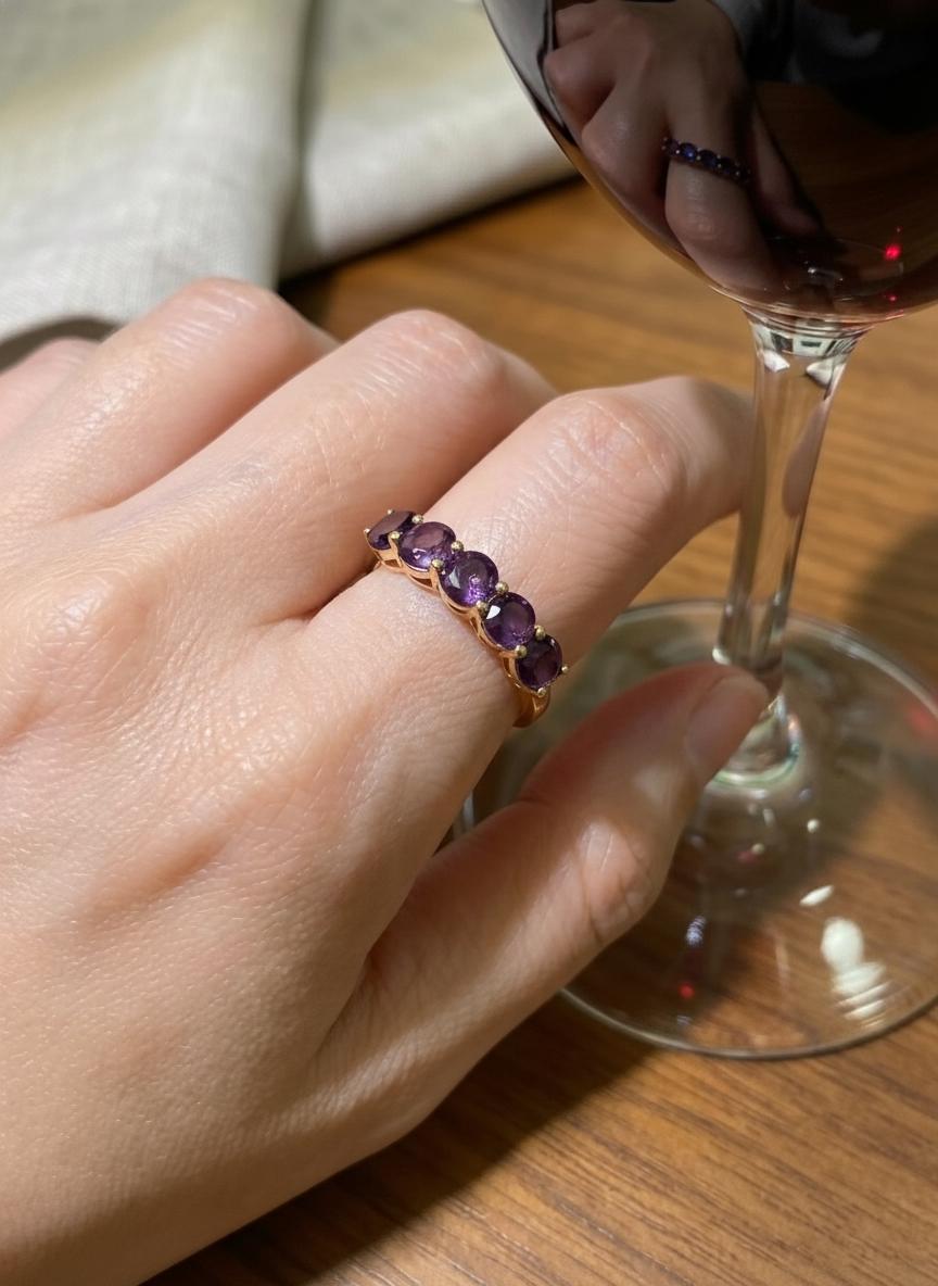 3.50 CTW Amethyst Wedding Band, 5mm Round 7 Stone Ring, February Birthstone Half Eternity Band, Purple Anniversary Ring