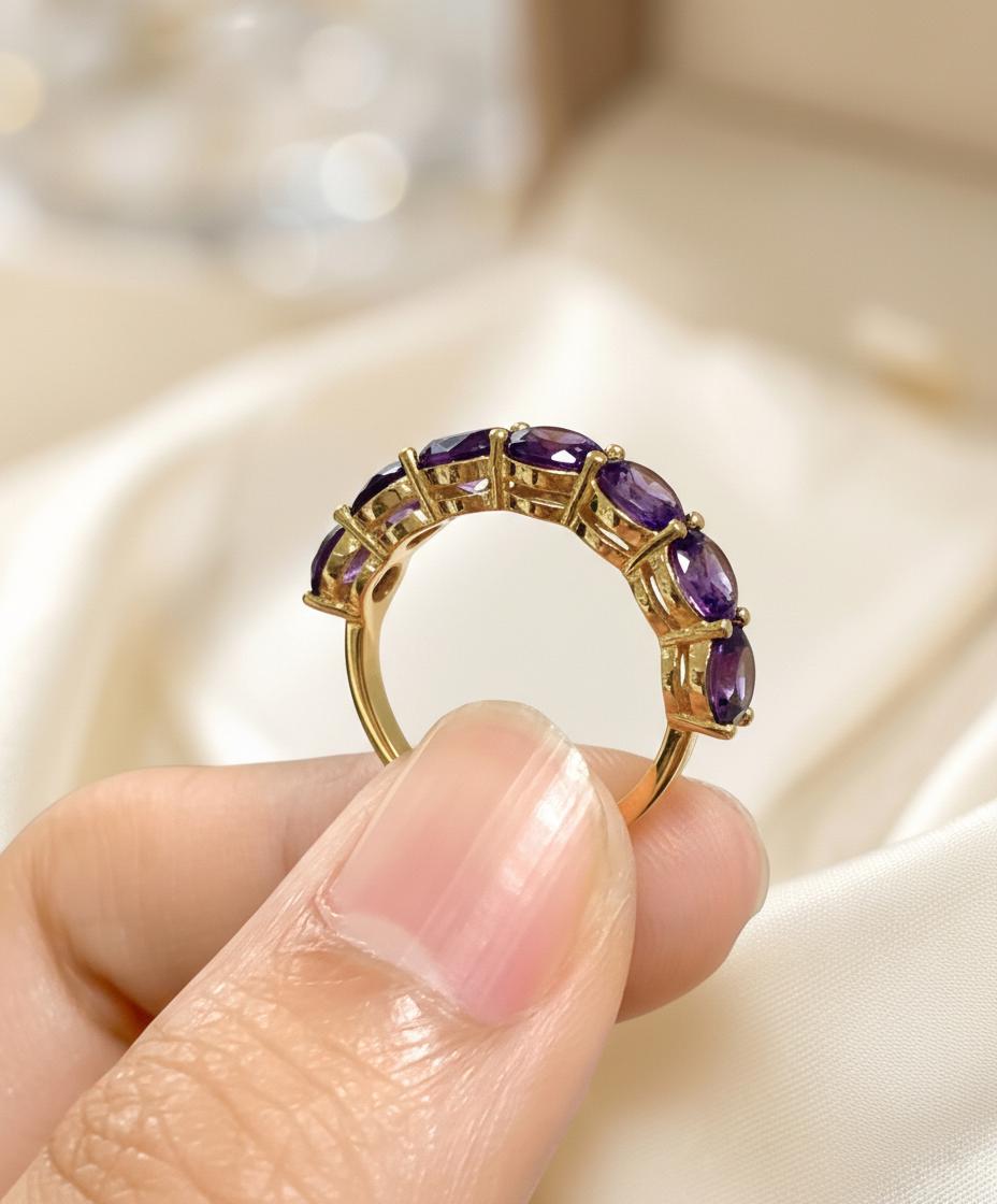 3.50 CTW Amethyst Wedding Band, 5mm Round 7 Stone Ring, February Birthstone Half Eternity Band, Purple Anniversary Ring
