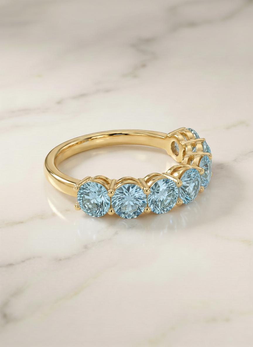 3.5 CTW Aquamarine Wedding Band, 5mm Round 7 Stone Ring, March Birthstone Half Eternity Band, Light Blue Anniversary Ring