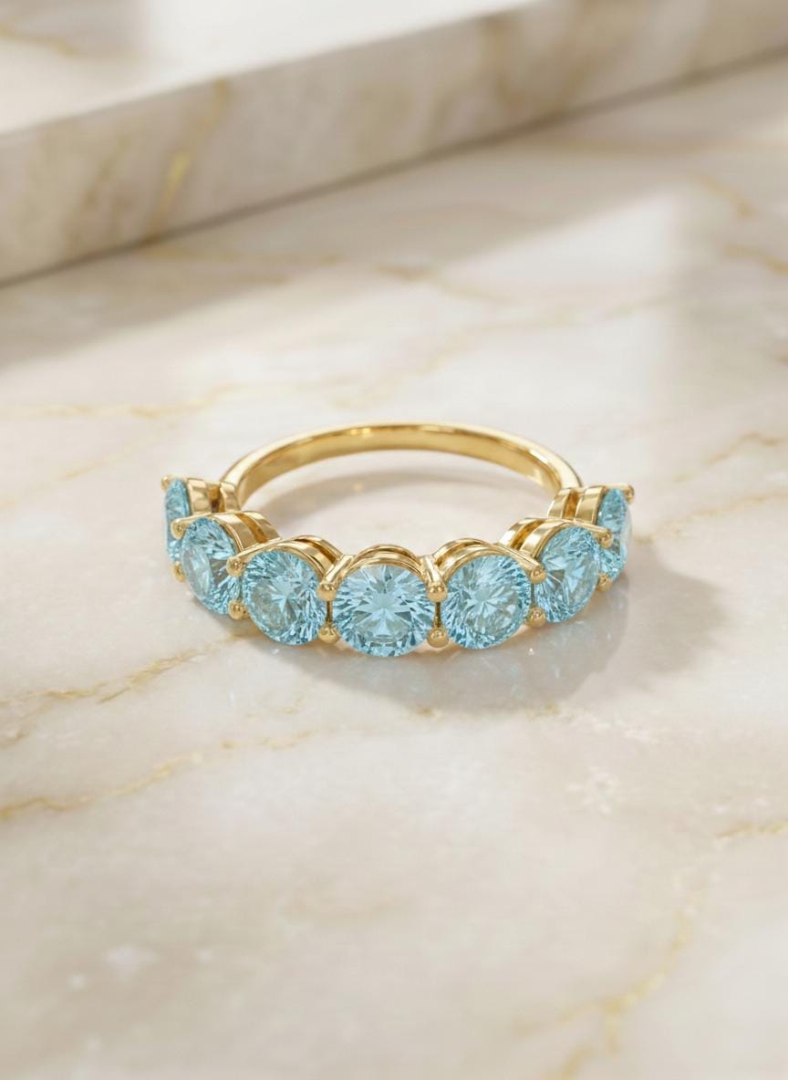 3.5 CTW Aquamarine Wedding Band, 5mm Round 7 Stone Ring, March Birthstone Half Eternity Band, Light Blue Anniversary Ring