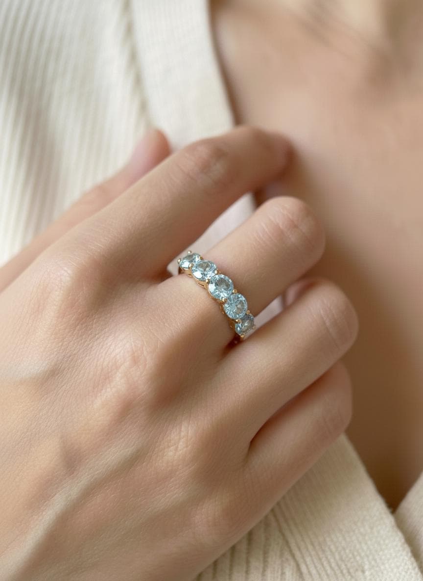 3.5 CTW Aquamarine Wedding Band, 5mm Round 7 Stone Ring, March Birthstone Half Eternity Band, Light Blue Anniversary Ring
