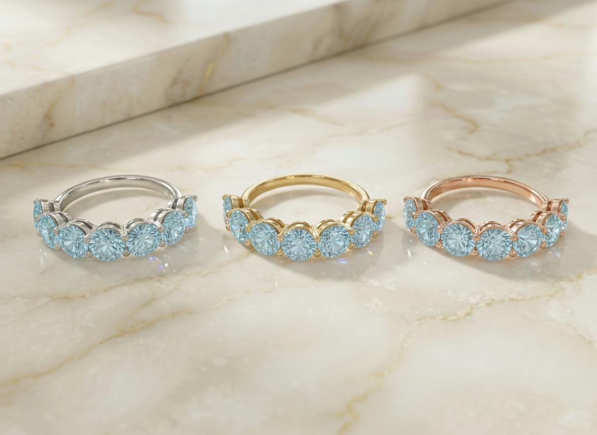 3.5 CTW Aquamarine Wedding Band, 5mm Round 7 Stone Ring, March Birthstone Half Eternity Band, Light Blue Anniversary Ring