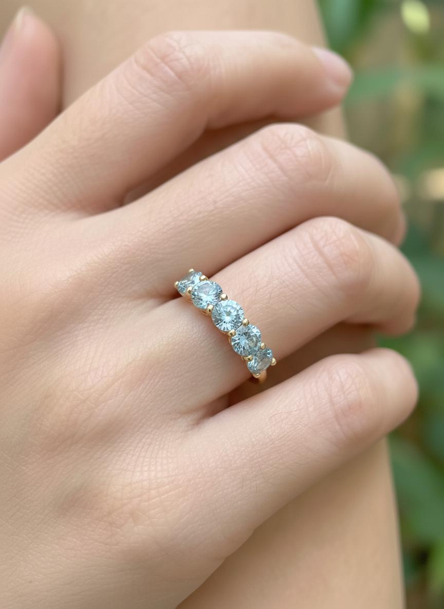 3.5 CTW Aquamarine Wedding Band, 5mm Round 7 Stone Ring, March Birthstone Half Eternity Band, Light Blue Anniversary Ring