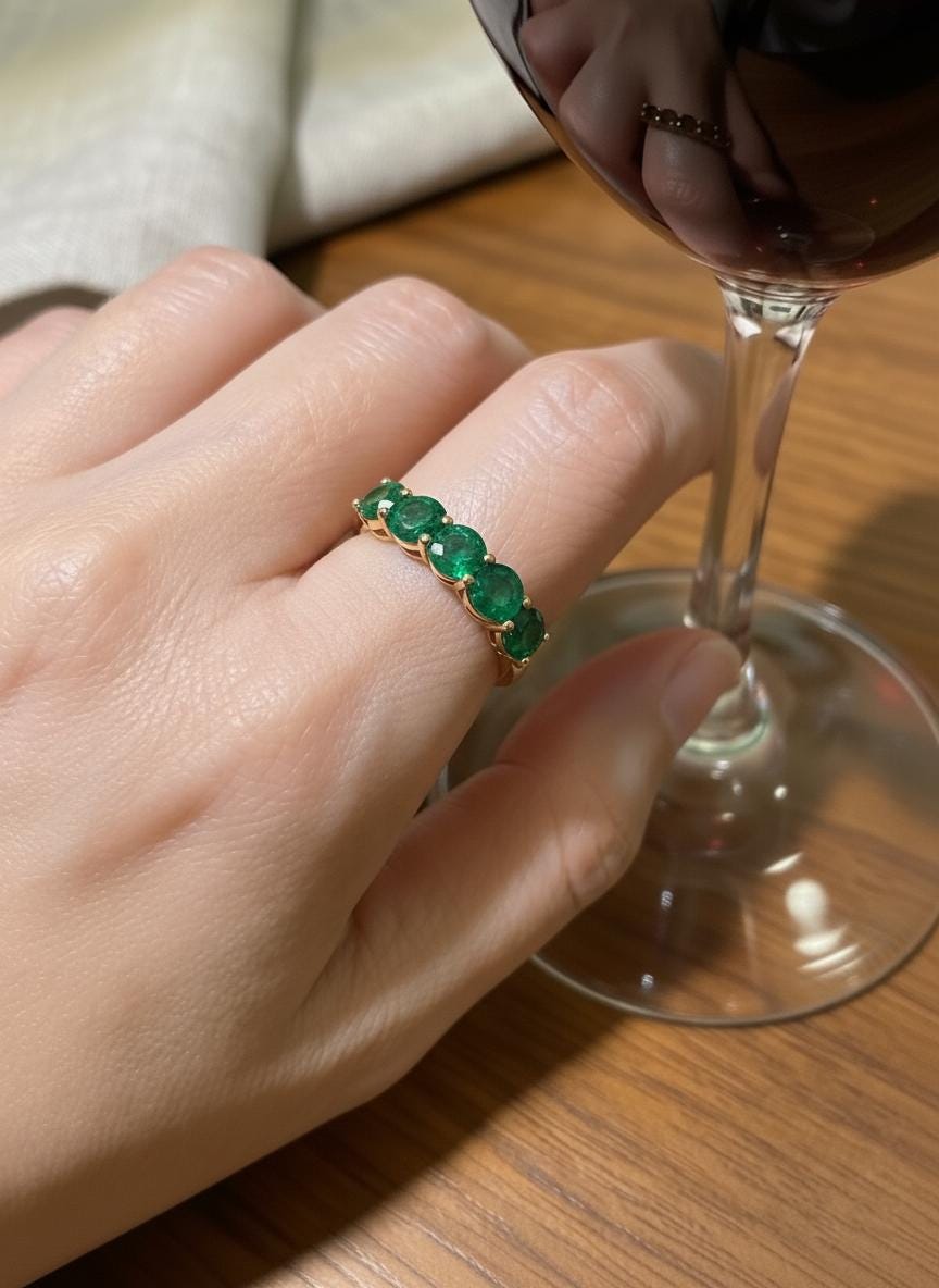 3.5 CTW Emerald Wedding Band, 5mm Round Green Gemstone Ring, 7 Stone Anniversary Ring, Sterling Silver Half Eternity, May Birthstone Gift
