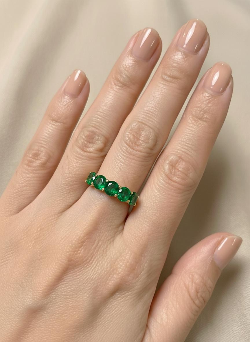 3.5 CTW Emerald Wedding Band, 5mm Round Green Gemstone Ring, 7 Stone Anniversary Ring, Sterling Silver Half Eternity, May Birthstone Gift