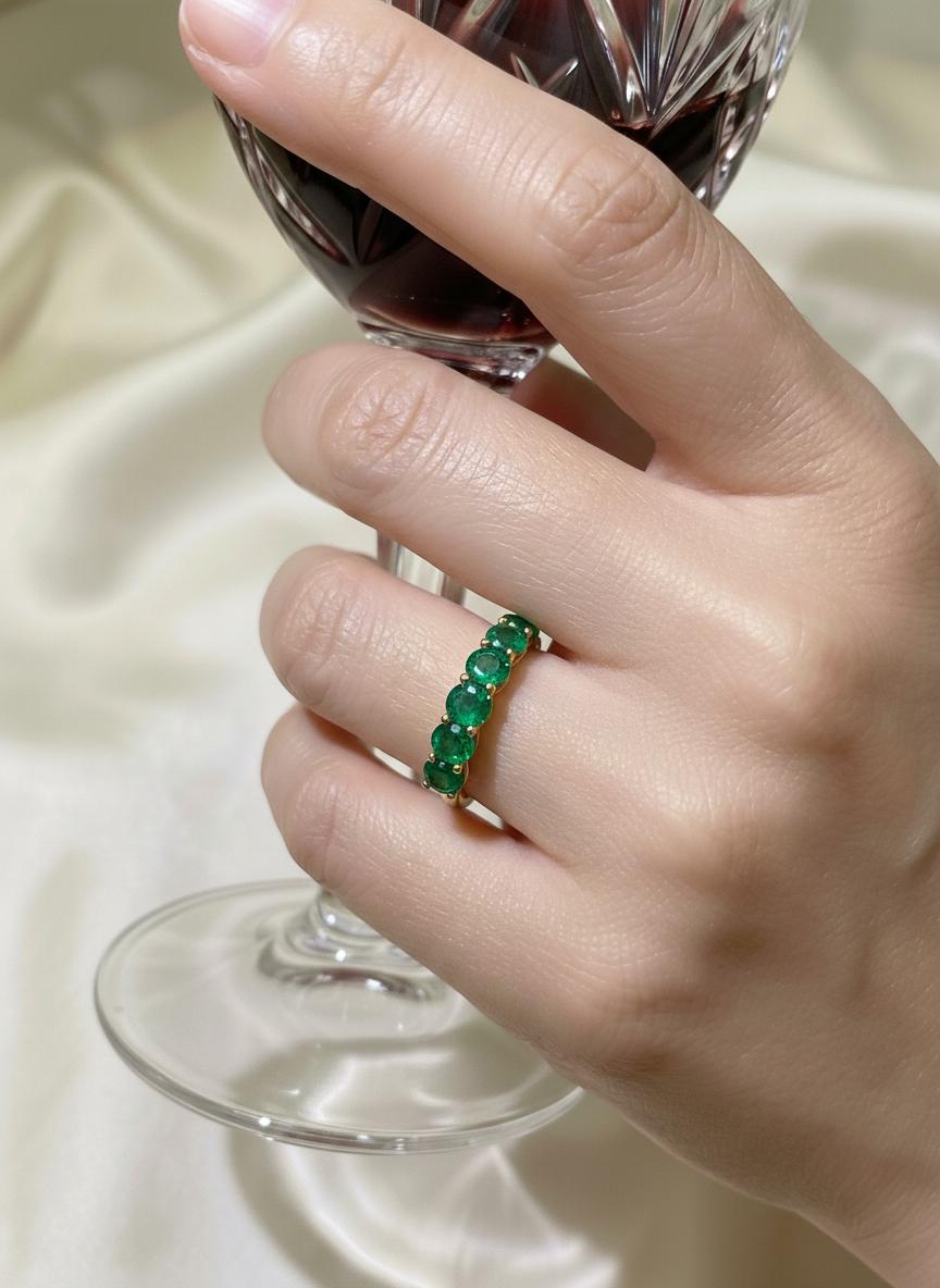 3.5 CTW Emerald Wedding Band, 5mm Round Green Gemstone Ring, 7 Stone Anniversary Ring, Sterling Silver Half Eternity, May Birthstone Gift