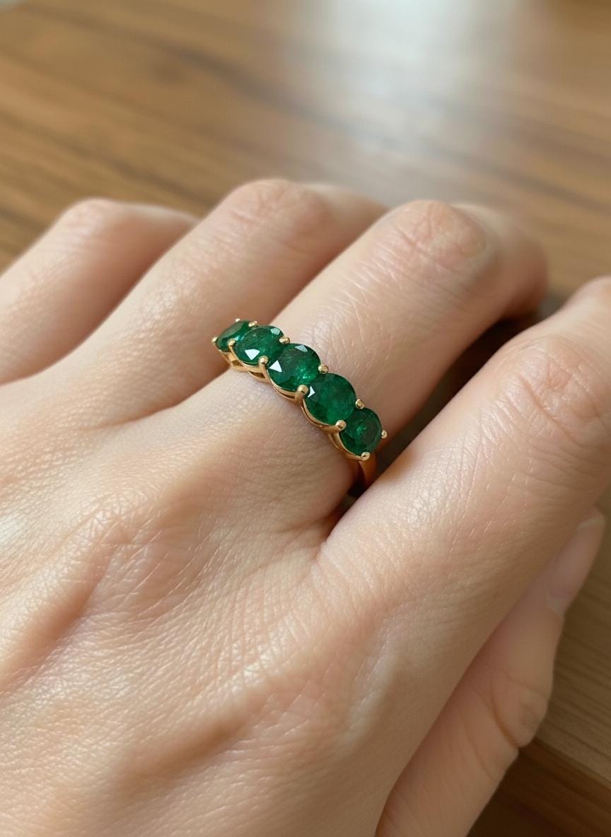 3.5 CTW Emerald Wedding Band, 5mm Round Green Gemstone Ring, 7 Stone Anniversary Ring, Sterling Silver Half Eternity, May Birthstone Gift