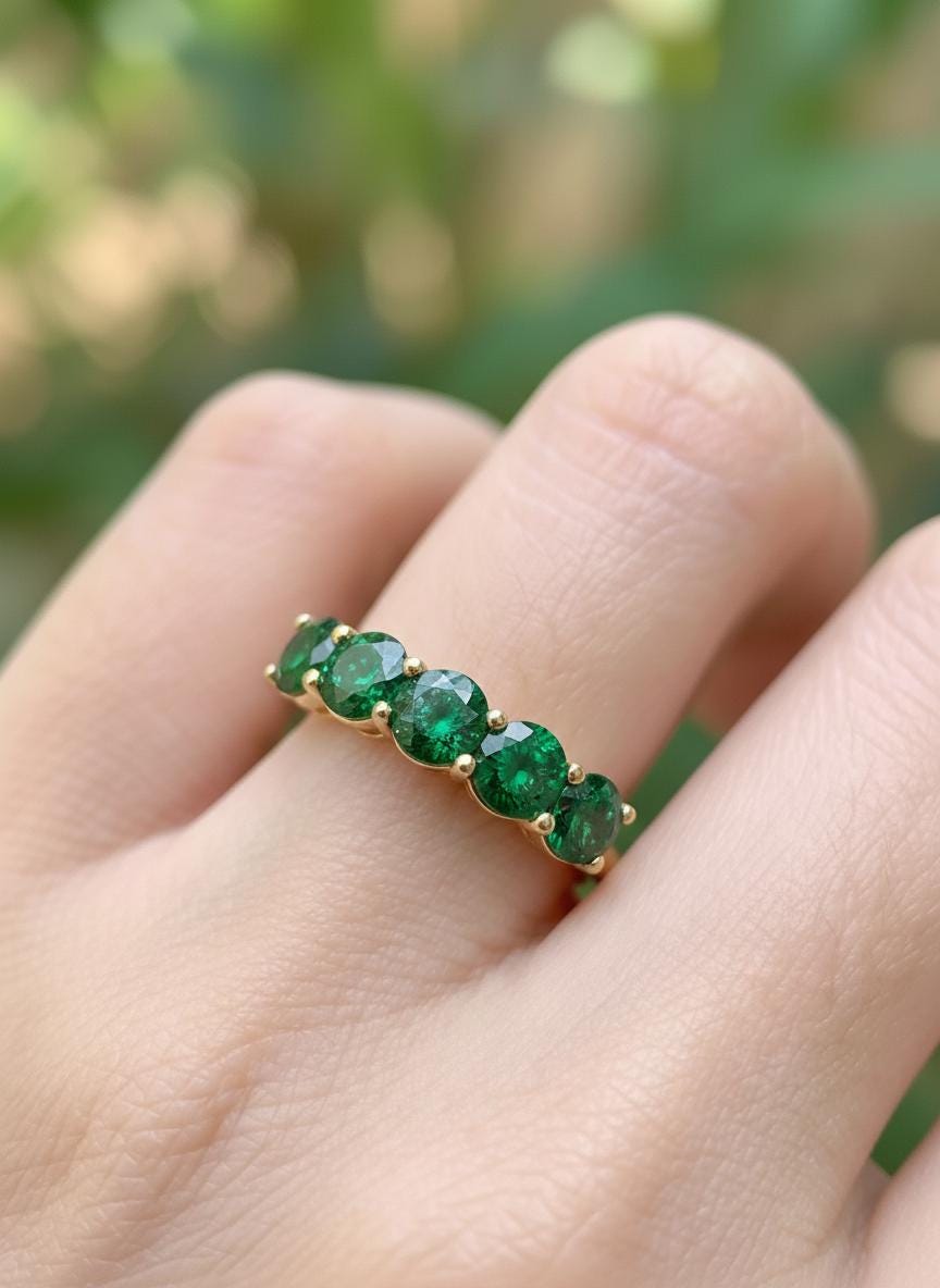 3.5 CTW Emerald Wedding Band, 5mm Round Green Gemstone Ring, 7 Stone Anniversary Ring, Sterling Silver Half Eternity, May Birthstone Gift