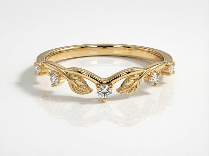 Gold Moissanite Leaf Ring, Nature Inspired Wedding Band, Matching Stackable Band for Women, Vintage Inspired Band Gift for Her