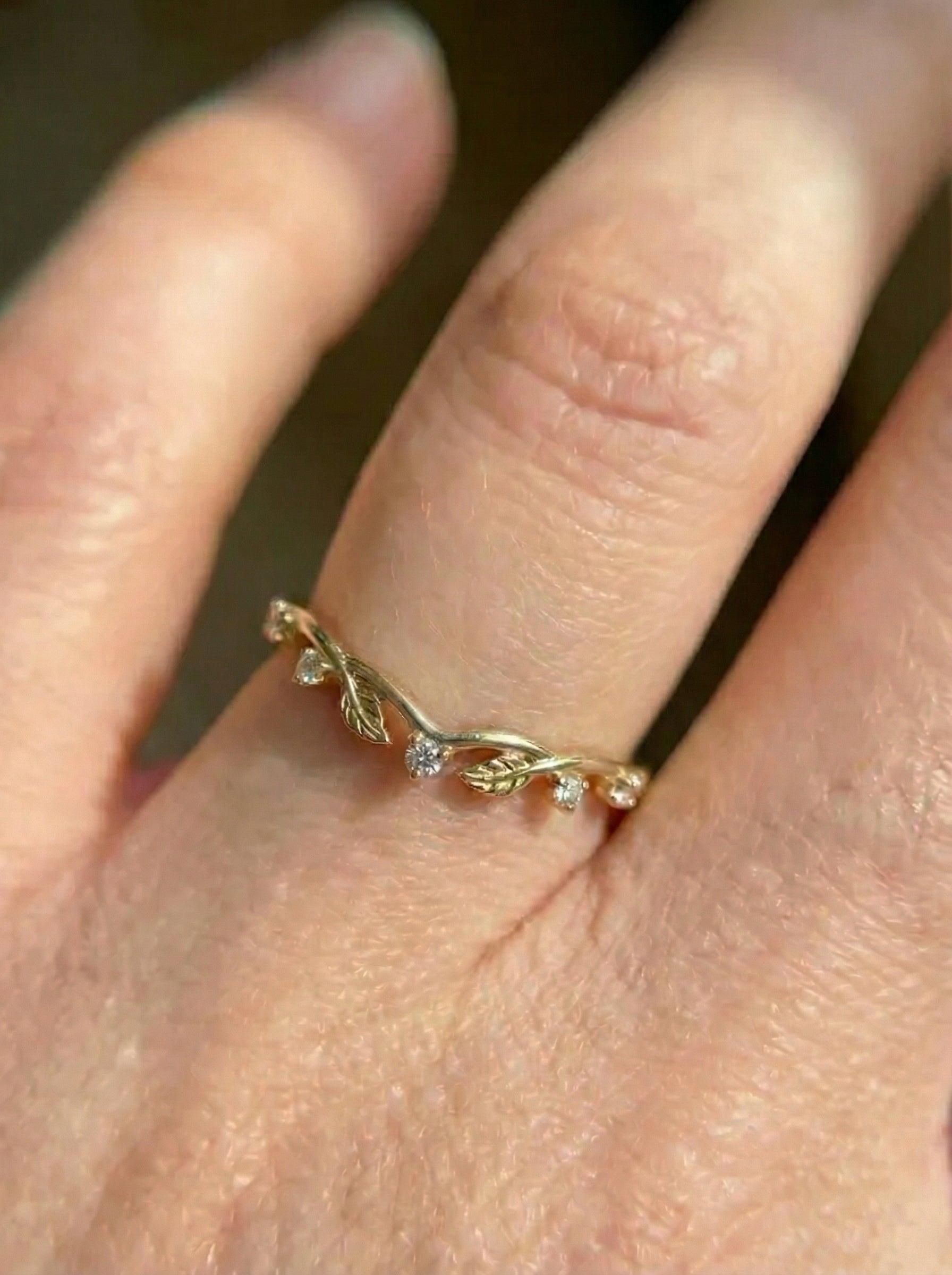 Gold Moissanite Leaf Ring, Nature Inspired Wedding Band, Matching Stackable Band for Women, Vintage Inspired Band Gift for Her