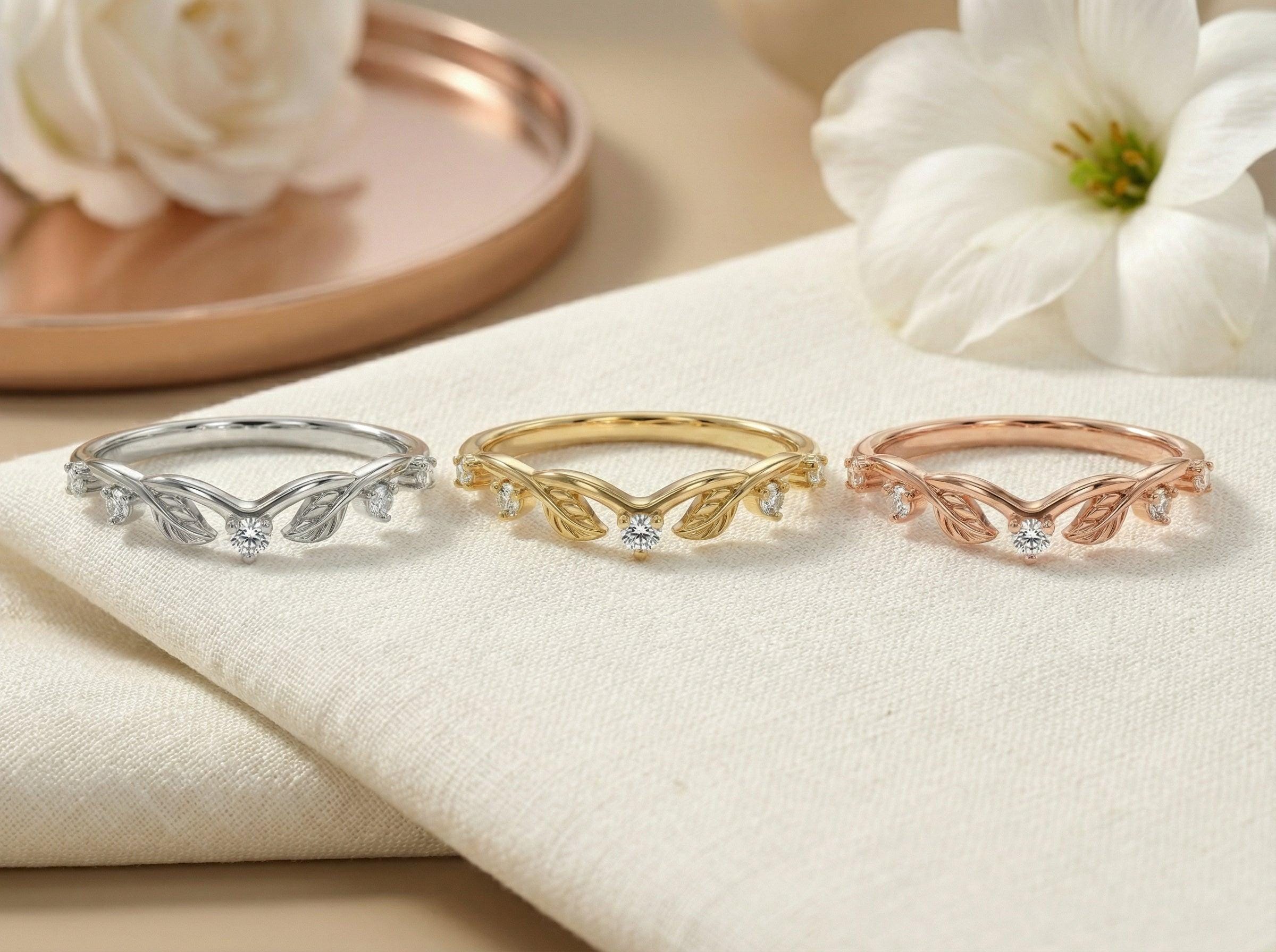 Gold Moissanite Leaf Ring, Nature Inspired Wedding Band, Matching Stackable Band for Women, Vintage Inspired Band Gift for Her