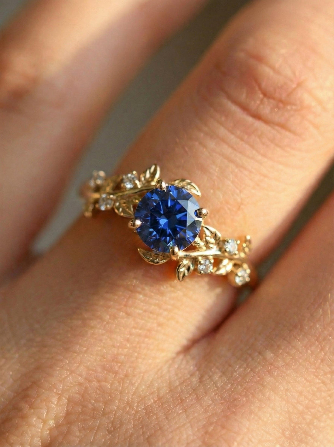 14K Gold Sapphire Engagement Ring, Vintage Art Deco Leaf Cluster Ring, September Birthstone Botanical Anniversary Gift for Her